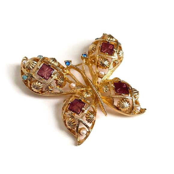 Vintage Large Butterfly Gold Tone Rhinestones & Enamel Brooch - Picture 2 of 5